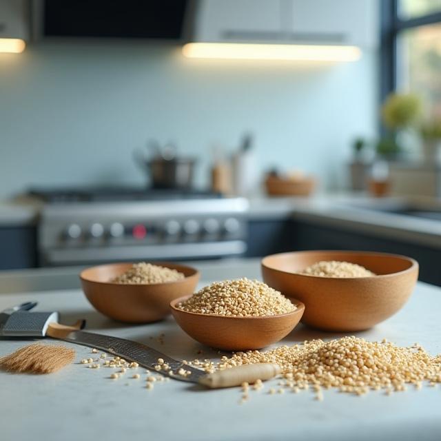 Ancient grains being analyzed in a modern kitchen setting