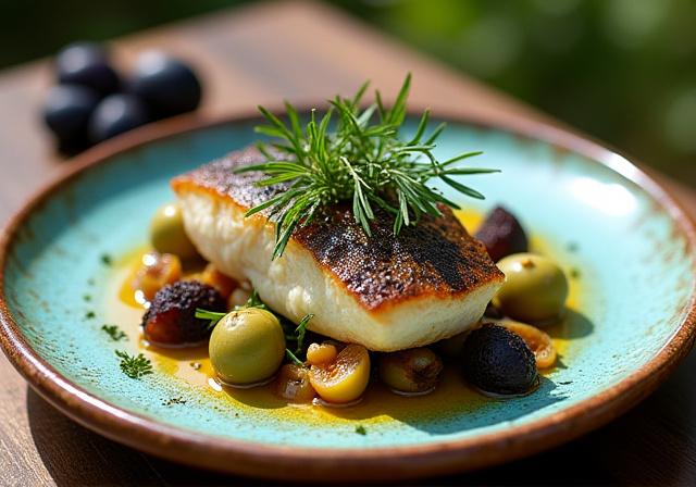 Plated Mediterranean fish with olives and figs
