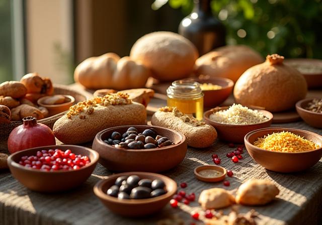 A rustic spread of ancient Mediterranean foods